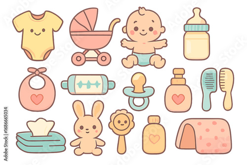 Set of cute baby care accessories and toys. Newborn essentials icons for baby shower invitation. Vector cartoon illustration of bottle, pacifier, stroller, clothes, and rabbit.
