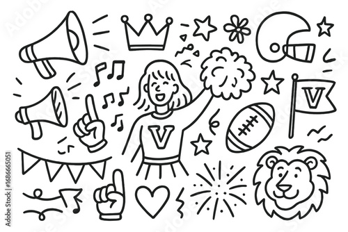 Homecoming celebration doodle set. Hand drawn vector icons with school spirit symbols. Cheerleader, football, pep rally, mascot. Black and white line art cartoon elements.