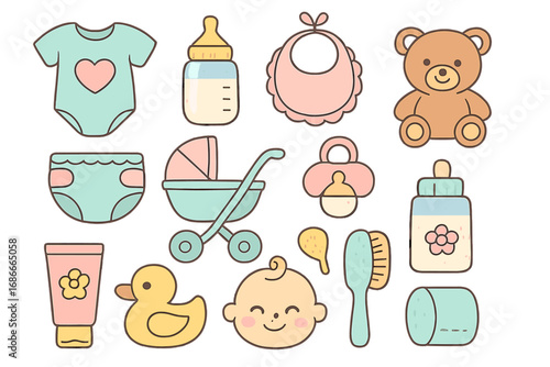 Adorable baby essentials set. Cute newborn care icons in pastel colors. Vector cartoon collection for baby shower. Includes stroller, bottle, diaper, toy, and clothes elements.