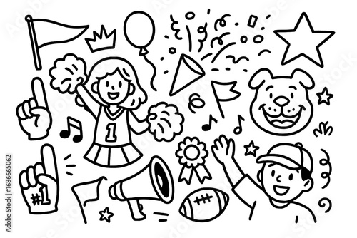 Doodle homecoming celebration with school spirit symbols. Vector cartoon set for game day. Fan, cheerleader, football, and mascot icons. Pep rally fun design elements collection.