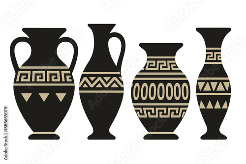 Ancient Greek vases vector set. Black figure pottery silhouette with classic geometric ornament. Amphora, urn collection. Antique Hellenic culture heritage illustration isolated.