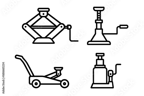 Automotive jacks vector icon set. Car service equipment for vehicle repair and maintenance. Outline icons of scissor jack, floor jack, bottle jack, and hydraulic lift tool.