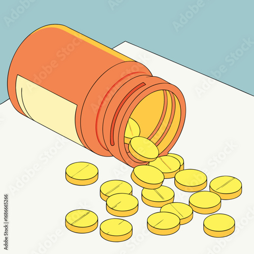 Illustration of spilled prescription medication from an orange bottle