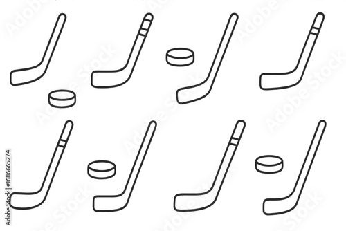 Ice hockey stick and puck seamless pattern. Sport equipment background. Minimalist black and white outline drawing. Winter sports vector asset. Simple texture for wrapping paper.