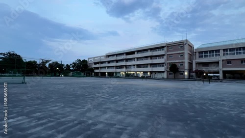 Empty schoolyard in front of a long campus building
