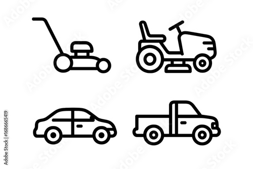Lawn mower and vehicle icon set. Line drawing of car, pickup truck, riding mower for gardening and transport. Simple vector outline pictogram collection for web and app design.