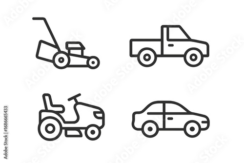 Lawn mower and vehicle line icon set. Vector outline symbols for gardening and transport themes. Push mower, riding tractor, car, and pickup truck simple pictograms collection.