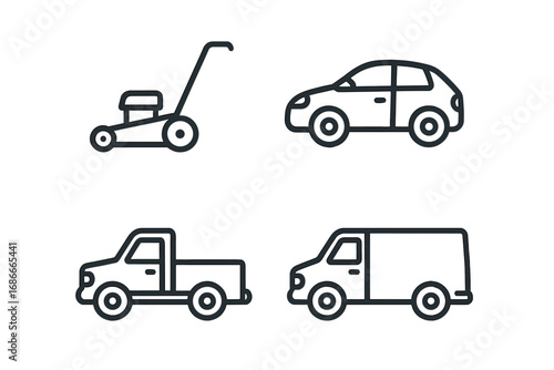 Car, truck, van, and lawn mower line icon set. Vector transport and gardening equipment symbols. Simple outline illustration of automobile, pickup, and grass cutter for web.