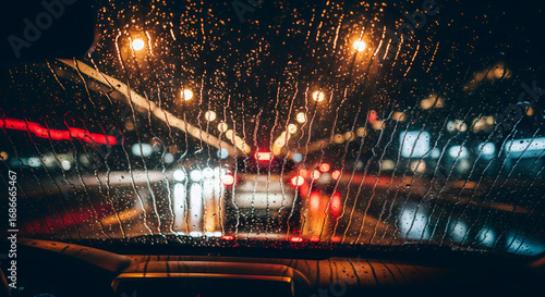 Rainy Night Drive: Car windshield view of blurred city lights at night
