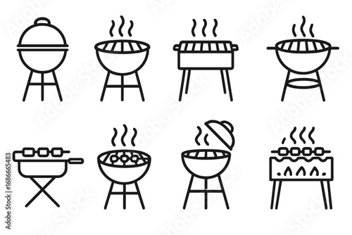 Barbecue grill linear icons set. Vector outline collection of BBQ designs and styles. Kettle, charcoal, and portable grills for outdoor cooking, picnics and summer parties.
