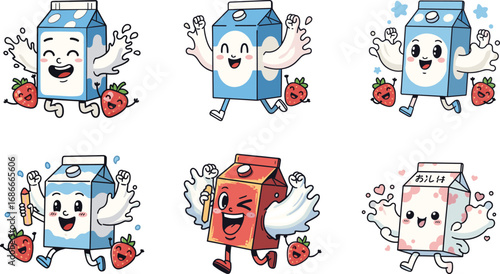 Happy milk carton cartoon, cute strawberry character, kawaii dairy drink illustration, funny food mascot art, fresh beverage design, healthy nutrition concept