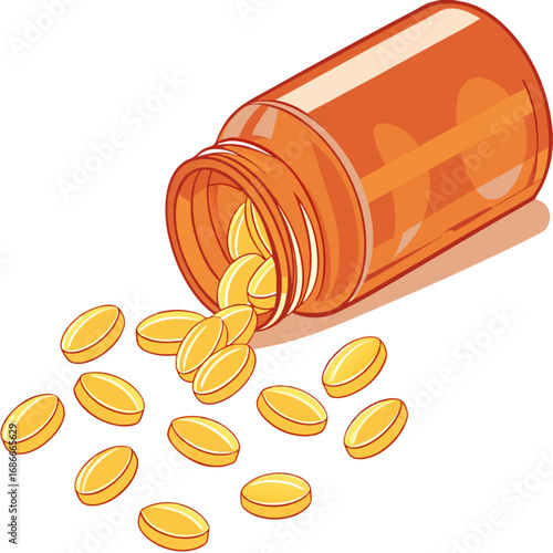 Spilled yellow tablets from an orange prescription medicine bottle
