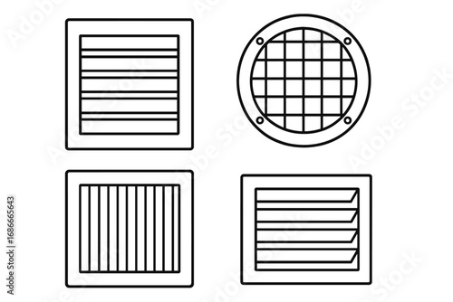 Ventilation grille cover set. Linear style vent collection for industrial design. Air duct and HVAC system elements. Minimalist vector icons. Louver and grid illustration.