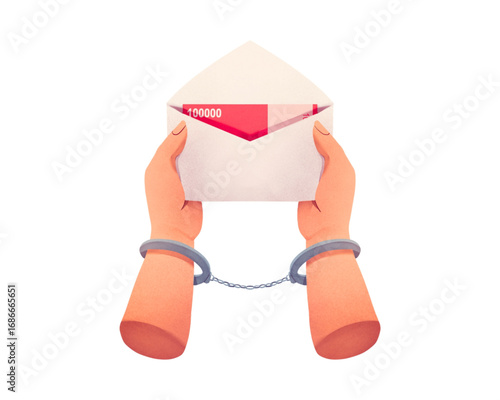 Illustration of handcuffed hands holding an envelope of cash, symbolizing bribery, corruption, and financial crime