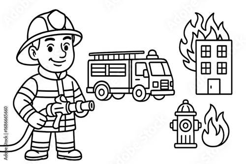 Firefighter character line art set. Vector cartoon illustration for coloring book. Includes fire truck, burning building, hydrant icons. Emergency rescue hero profession set.