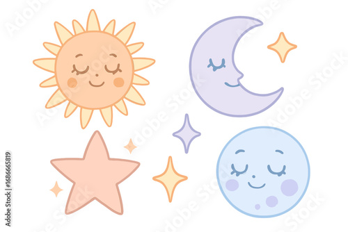 Cute celestial icon set with sleeping sun, moon, and stars. Kawaii cartoon characters for baby shower or nursery decor. Boho pastel weather symbols. Vector sweet dreams concept.