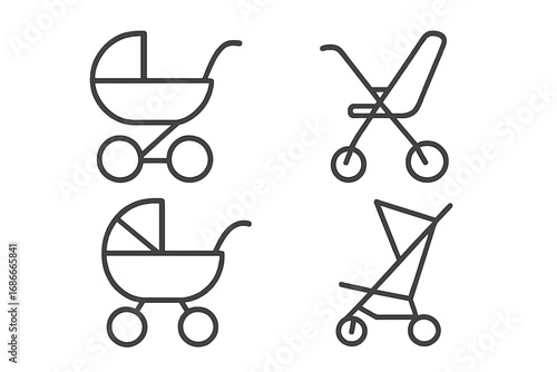 Minimalist baby carriage and stroller icon set. Simple outline vector of prams and pushchairs. Baby shower design elements. Newborn transport symbols for web and print.