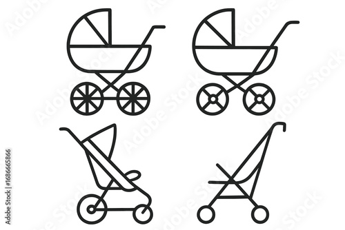 Minimalist baby carriages and strollers set in linear style. Vector icon collection of prams and buggies for newborn, infant. Simple line art for baby shower design element.