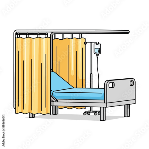 Hospital bed with privacy curtain and IV drip.