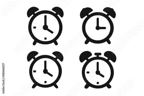 Alarm clock icon set. Minimalist black silhouettes in various styles. Vector cartoon illustration. Time concept for wake up, morning, deadline, and schedule symbol collection.