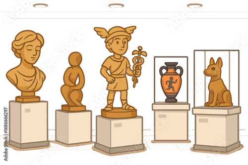 Museum art gallery with ancient sculptures. Vector cartoon of Greek and Roman artifacts. History exhibit with bust, Mercury statue, amphora vase, and dog figure. Culture concept.