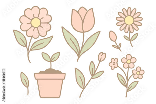 Charming spring blooms and seedling vector icon set. Cute cartoon flower collection with tulip, daisy, and plant in pot. Botanical nature illustration in pastel linear outline style.