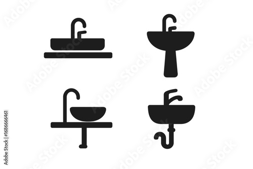Bathroom sink icons set. Minimalist vector washbasin symbols. Faucet, tap, water, plumbing, sanitary ware glyphs. Pictogram collection for interior design, website, app.