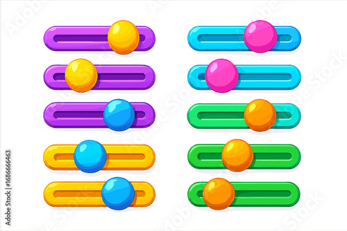 3D slider bar set for UI design. Colorful toggle switch buttons. Concept user interface. On off control panel elements for app or game. Level adjustment cartoon vector icon.