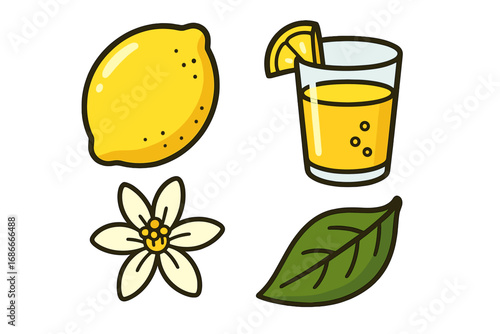 Lemon fruit icon set with fresh juice, flower and leaf. Citrus drink cartoon vector illustration. Organic tropical fruit collection. Healthy natural food and beverage doodle design.