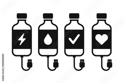 Metaphor for life resources and digital needs. Bottle with USB charger for energy, love, health, and success. Concept of emotional battery and power supply. Vector icon set.