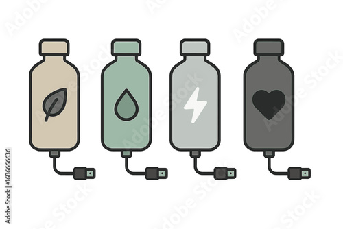 Vector set of minimalist bottles charging via USB. Conceptual icons of power sources: nature leaf, water drop, lightning energy, and health heart. Metaphor for battery refill.