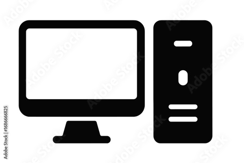 Desktop computer vector icon. PC workstation with monitor silhouette. Minimalist hardware equipment isolated. Flat black illustration for technology or business graphic design.