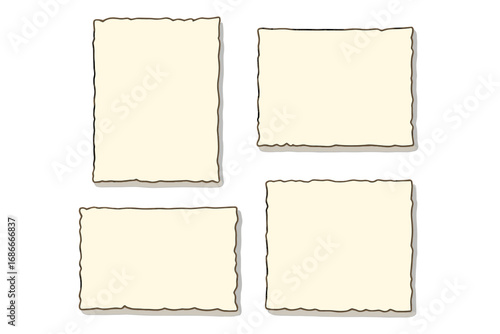 Vector collection of blank vintage paper with torn, burnt edges. Old parchment texture background for creative projects. Ancient scroll message template. Retro note element.