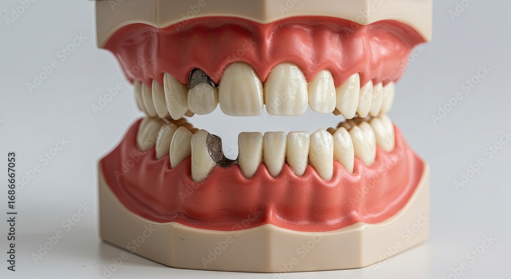 Obraz premium Dental model shows artificial teeth with some silver dental work in a pink gumline