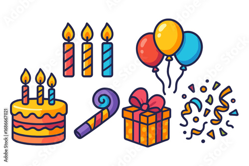 Set of colorful celebration icons for a birthday party. Vector cartoon illustration of a cake with candles, balloons, a gift box or present, confetti, and a party blower.