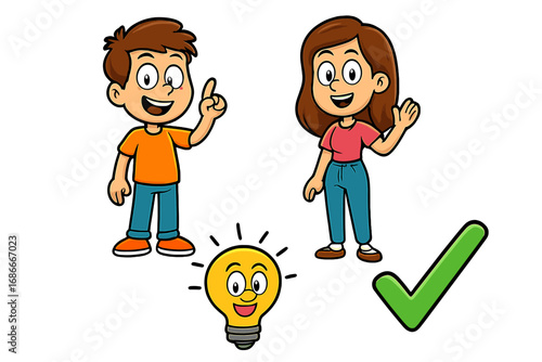 Cartoon boy has an idea, girl waves. Lightbulb mascot and green check mark. Vector set for education, teamwork, learning, innovation, brainstorming, problem-solving, correct answer.