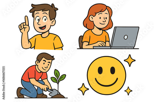 Cartoon character set vector collection. Boy with an idea, girl working on a laptop, man planting a tree for ecology. Happy smile emoji icon. People illustration for education.