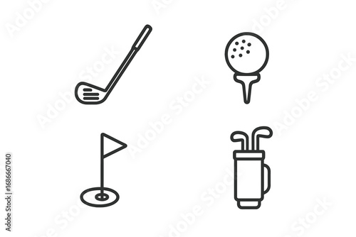 Golf line icon set. Minimalist vector symbols for sport. Includes golf club, ball, tee, flag in hole and bag. Simple outline pictogram collection for web and mobile app design.