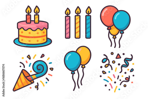 Set of colorful celebration icons. Birthday party elements with cake, candles, balloons, party horn blower and confetti. Vector cartoon illustration collection for holiday design.