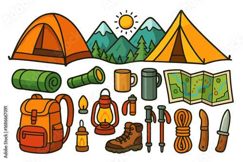 Vector cartoon collection of camping and hiking essentials. Outdoor adventure gear set with tent, backpack, mountains, and map. Travel and nature exploration icons isolated.