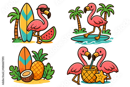 Summer flamingo cartoon character set. Cute pink bird surfing, drinking cocktail. Tropical beach vacation icon collection with surfboard, pineapple, palm tree. Fun holiday travel vector.