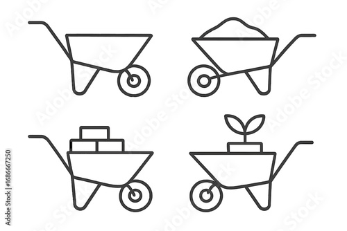 Wheelbarrow line art icon set. Minimalist vector illustration for gardening, construction and landscaping projects. Garden cart with soil, bricks and plant seedling.