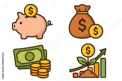 Financial icons for savings and growth concepts. Vector cartoon illustration set with piggy bank, money bag, cash, and investment chart. Finance and banking symbols pack.