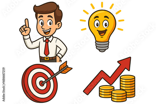 Business success vector set. Cartoon businessman with an idea, innovation lightbulb, goal target, and financial growth chart. Metaphor for strategy, profit, and achievement.
