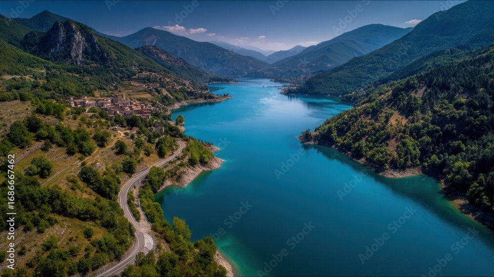Obraz premium mountain lake village scenic road