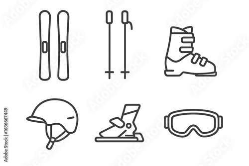 Skiing equipment icon set. Linear ski and snowboard gear collection. Minimalist winter sport icons. Vector line art illustration of skis, poles, boot, helmet, and goggles.