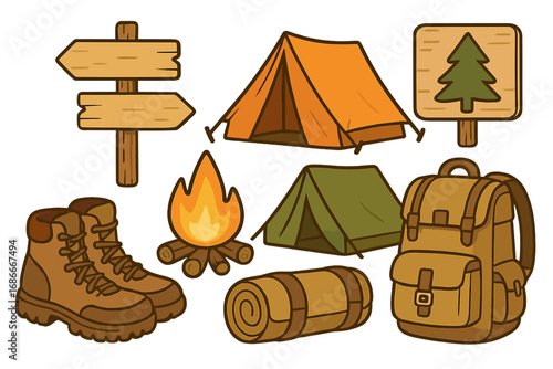 Camping gear and hiking equipment vector icon set. Outdoor adventure and travel concept. Tent, campfire, boots, backpack, sleeping bag illustration. Forest tourism elements.