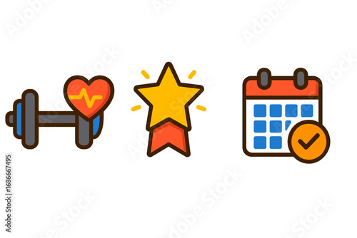 Fitness achievement and schedule vector icon set. Health and workout tracking concepts. Dumbbell for sport, star for success award, and calendar for planning goals and daily habits.