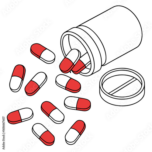 Isometric line art illustration of spilled prescription medication