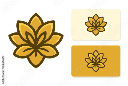 Golden lotus flower logo design vector. Elegant floral symbol for yoga, spa, wellness or beauty business. Luxury nature icon for branding, identity, and business card mockup set.